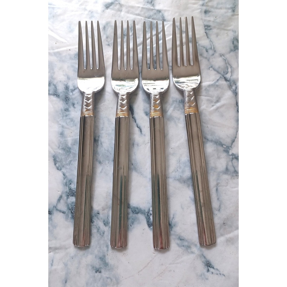 Pfaltzgraff Aria Stainless Steel Dinner Forks 18/8 Gold Chevron Ribbed Set of 4